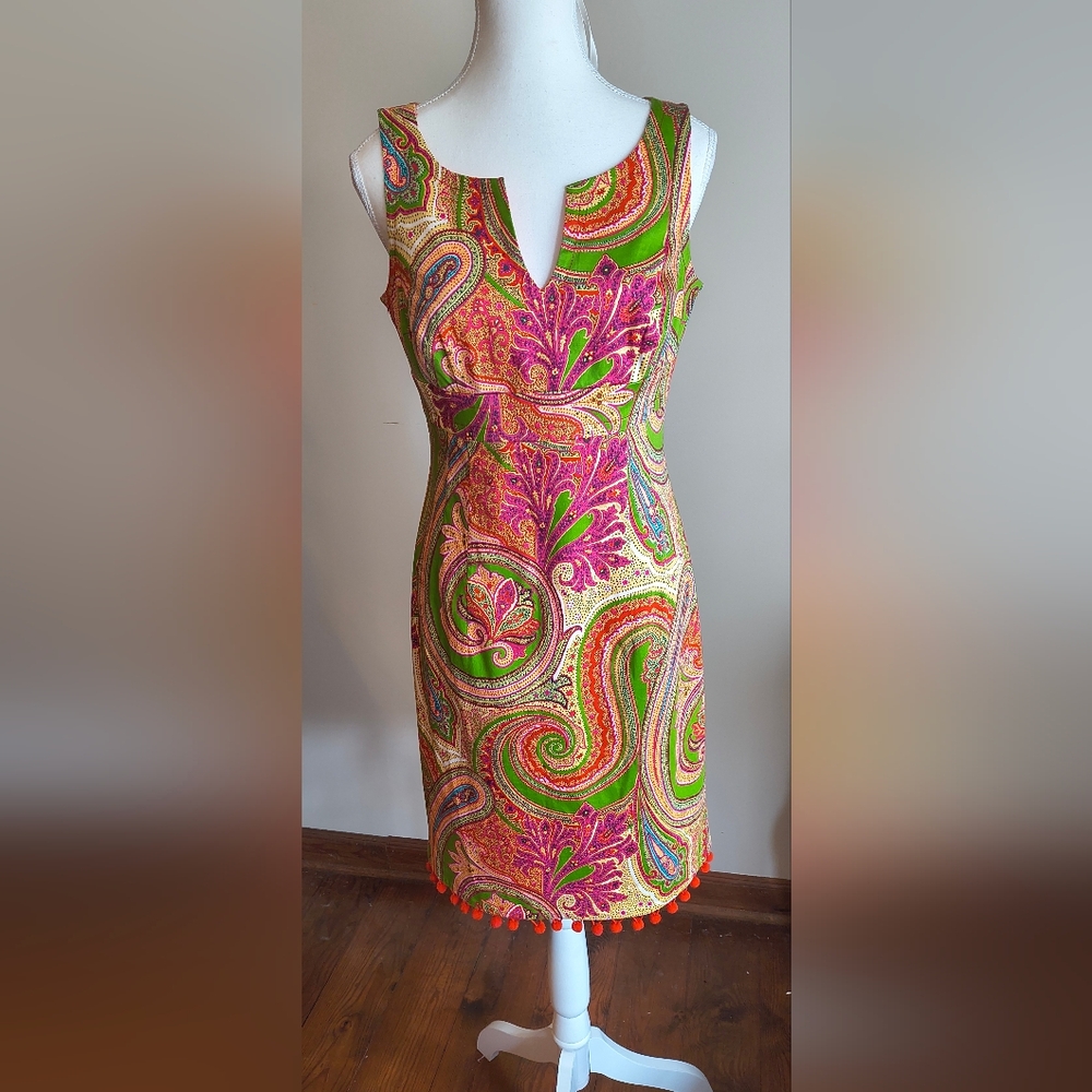 Etcetera Orange Paisley Sheath Dress Size 6 Pom-pom Detail Sleeveless Empire